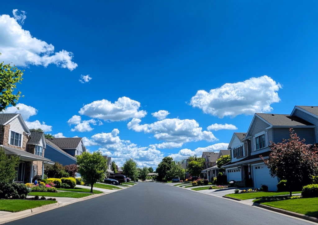 Beautiful suburban neighborhood with houses under a clear blue sky with white clouds